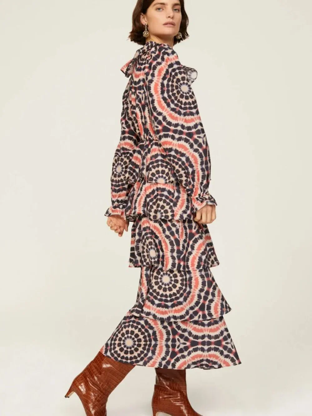 MARIE OLIVER Blythe Midi‎ Dress in Mandala Tie-Dye maxi Flowy tiered ruffles V